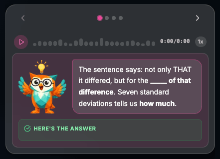 Audio walkthrough panel with narrator character, playback controls, step indicators, and a worked sentence-completion explanation